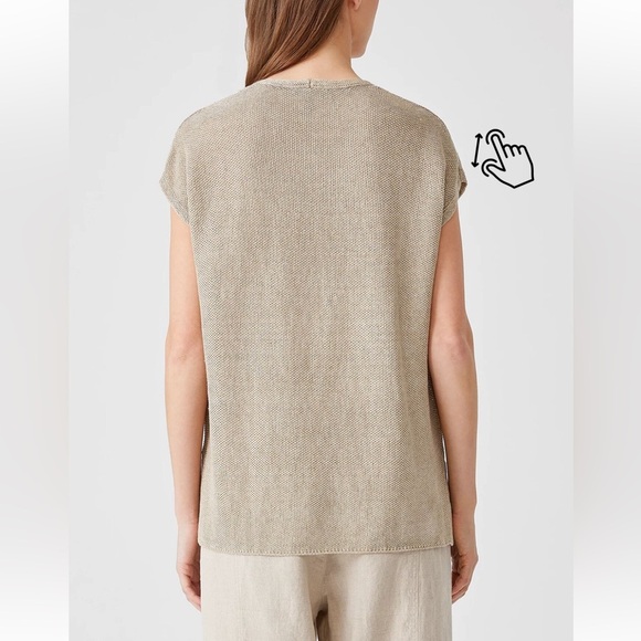 Eileen Fisher Organic Linen Delave V-Neck Knit Top Khaki Tan petite small - Picture 2 of 16